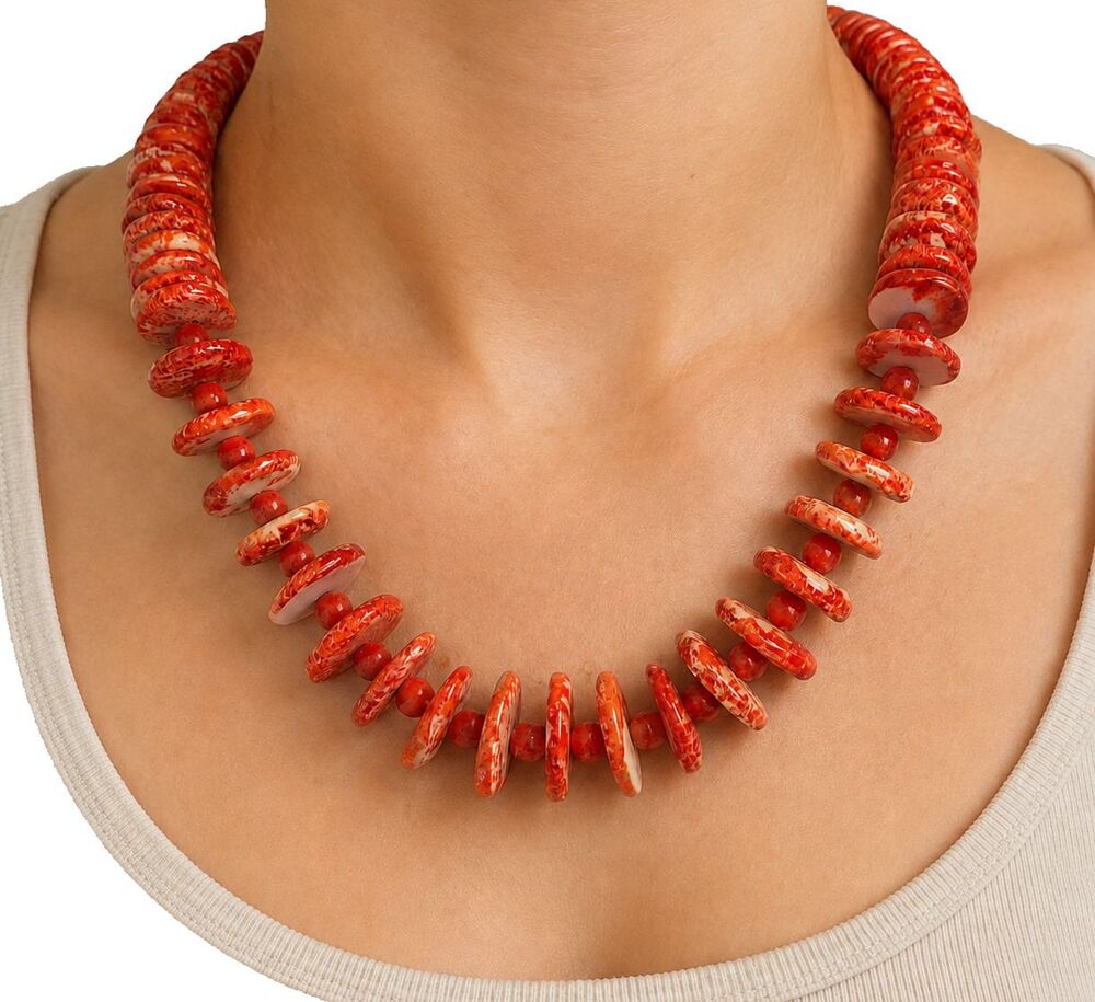 Handmade Spiny Oyster Shell Disk Bead Statement Necklace 24 Inch Orange Red